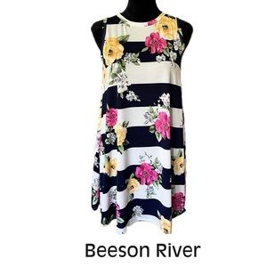 BEESON RIVER Women's Sz S Sleeveless Dress Striped Floral Navy Nautical